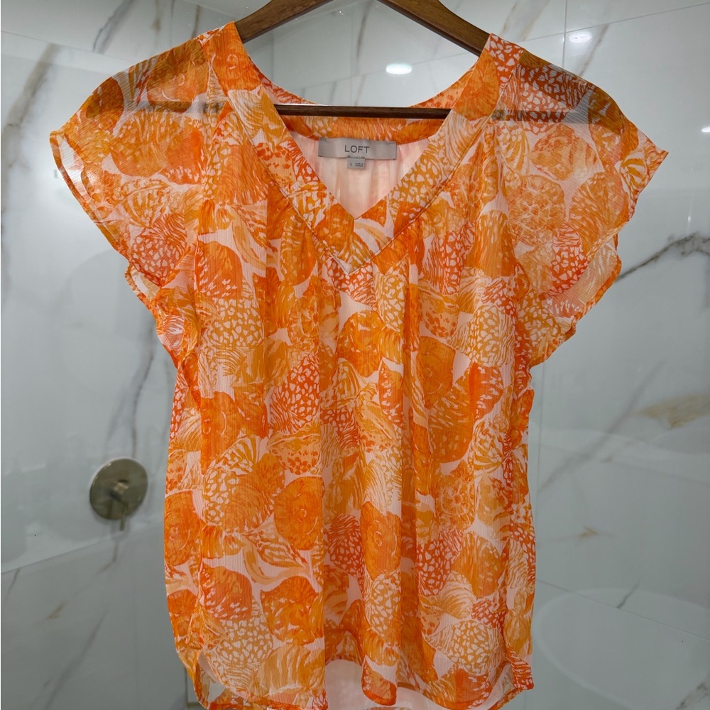 LOFT Vibrant Orange and White Blouse